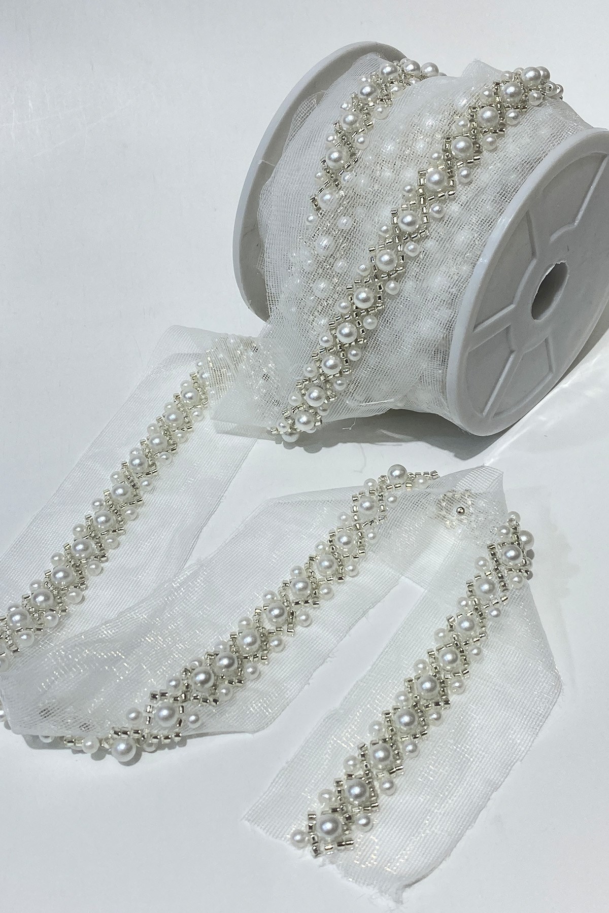 Pearl and Sand Bead Embroidered Ribbon 1 mt