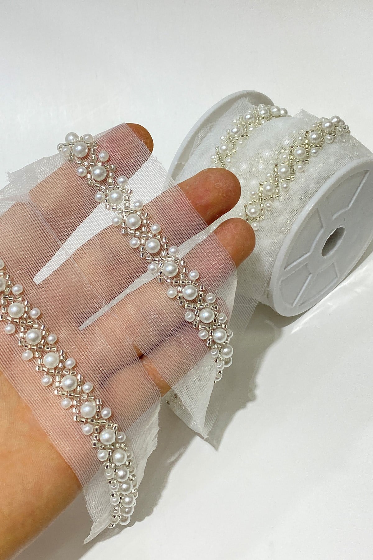 Pearl and Sand Bead Embroidered Ribbon 1 mt