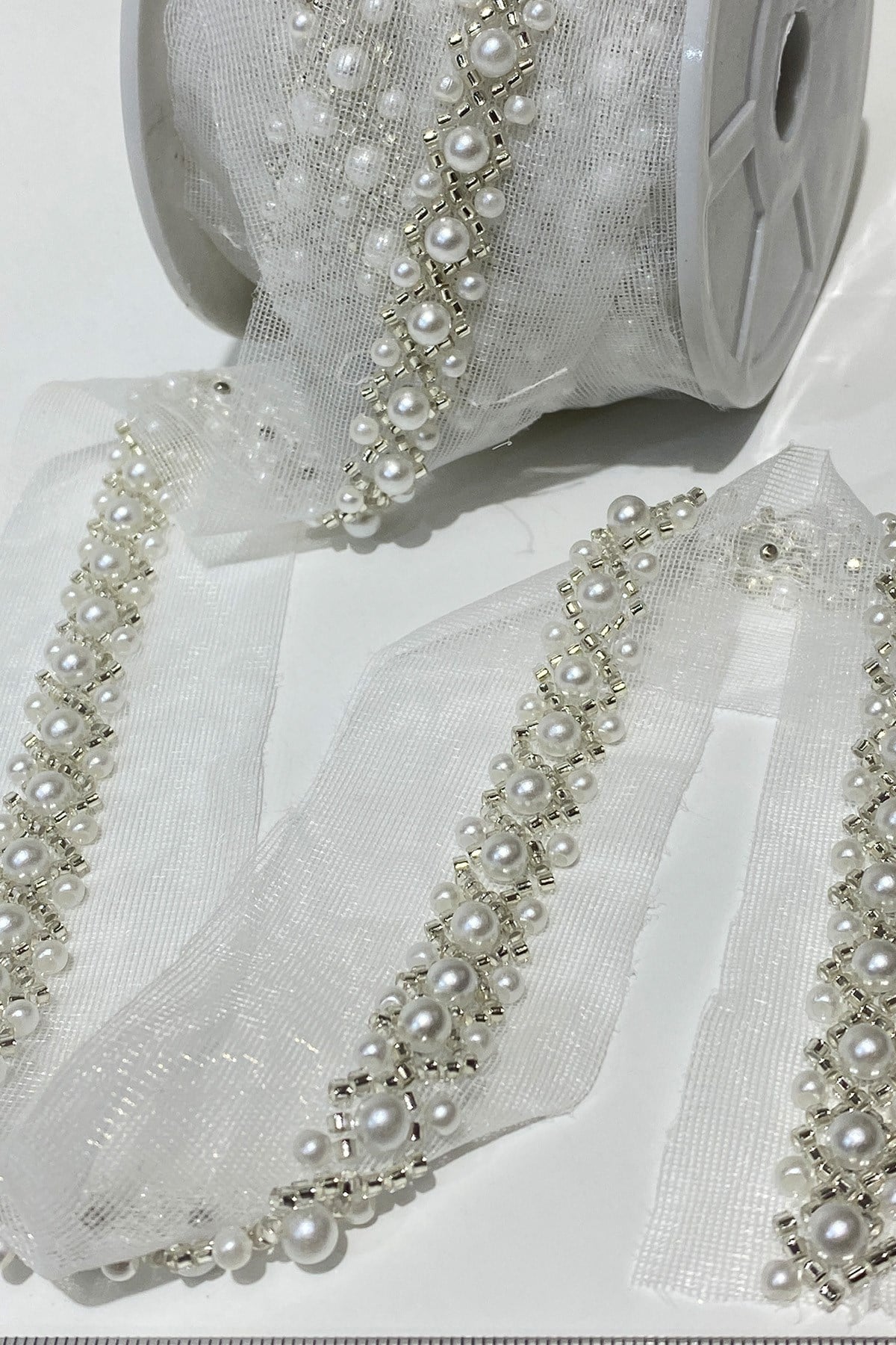 Pearl and Sand Bead Embroidered Ribbon 1 mt