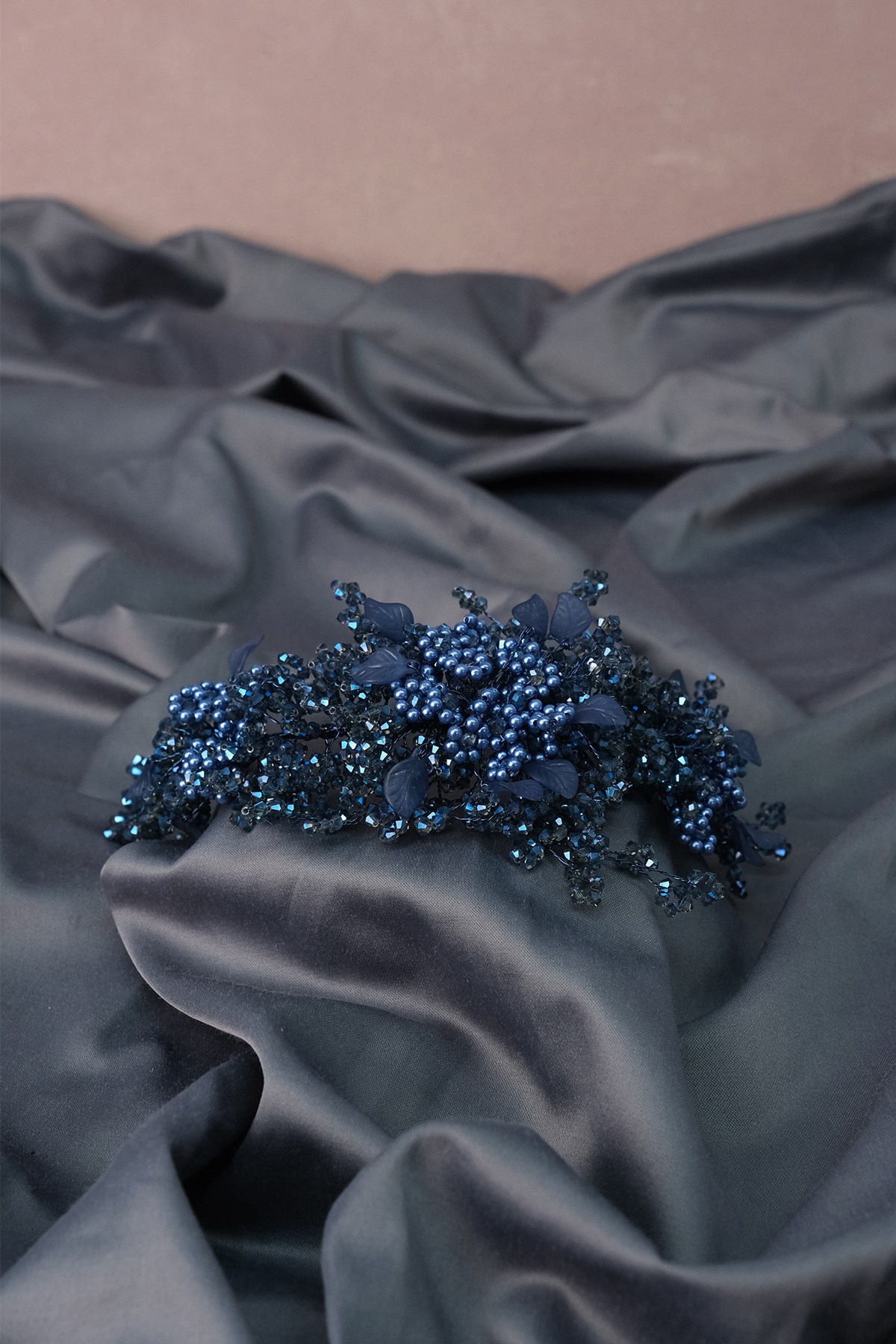 Indigo Blue Azra Pearl Beaded Bridal Henna Crown Hair Accessory