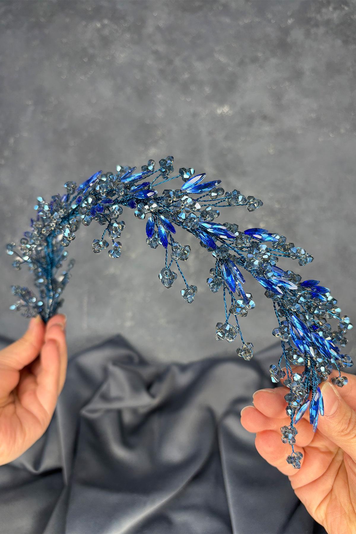 Indigo Blue Hera Crystal Beaded Bridal Henna Tiara Hair and Turban Accessory