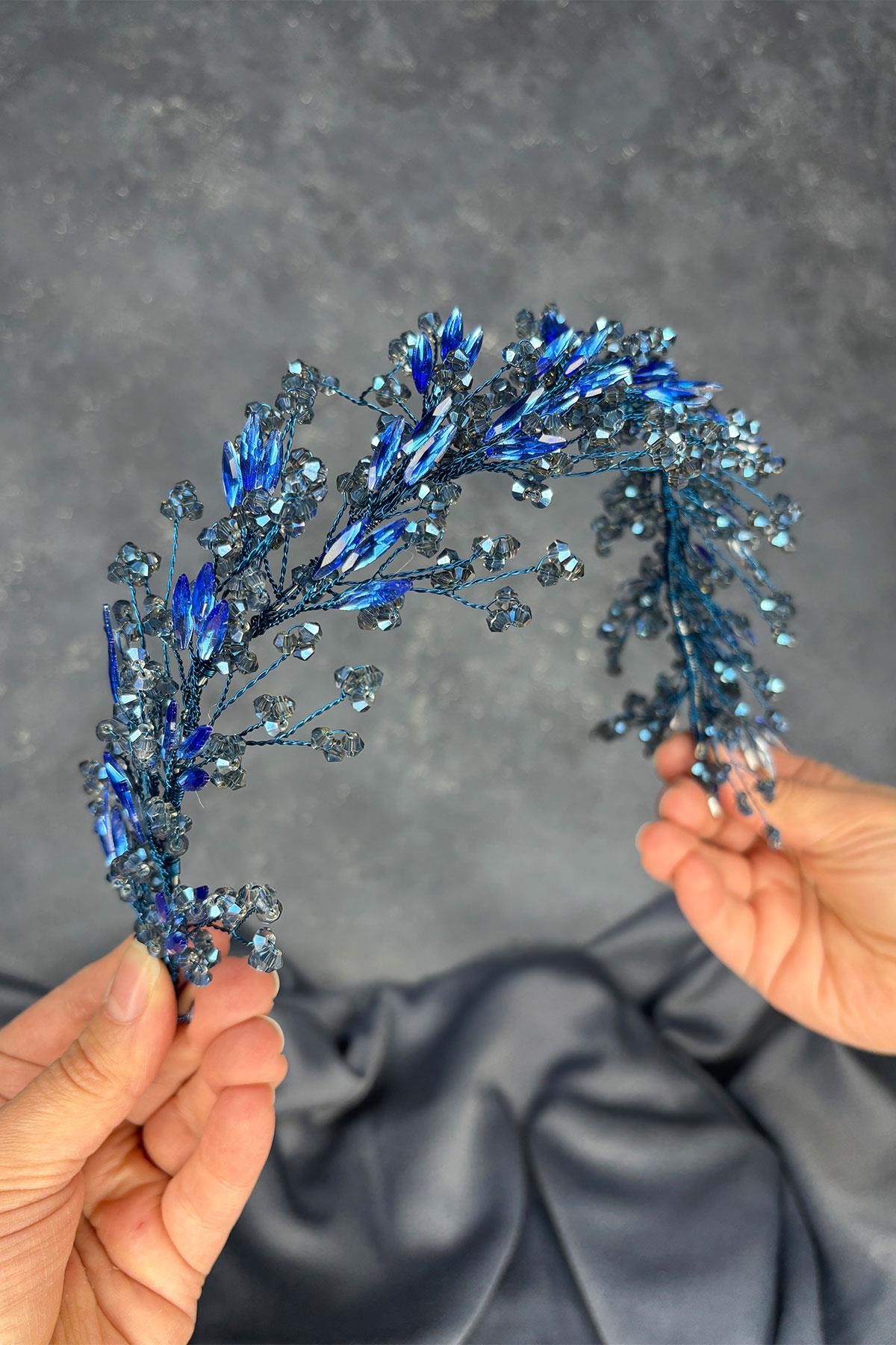 Indigo Blue Hera Crystal Beaded Bridal Henna Tiara Hair and Turban Accessory