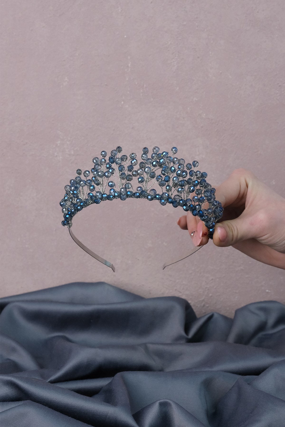 İndigo Mavi Kristal Boncuklu Aren Gelin Kına Tacı