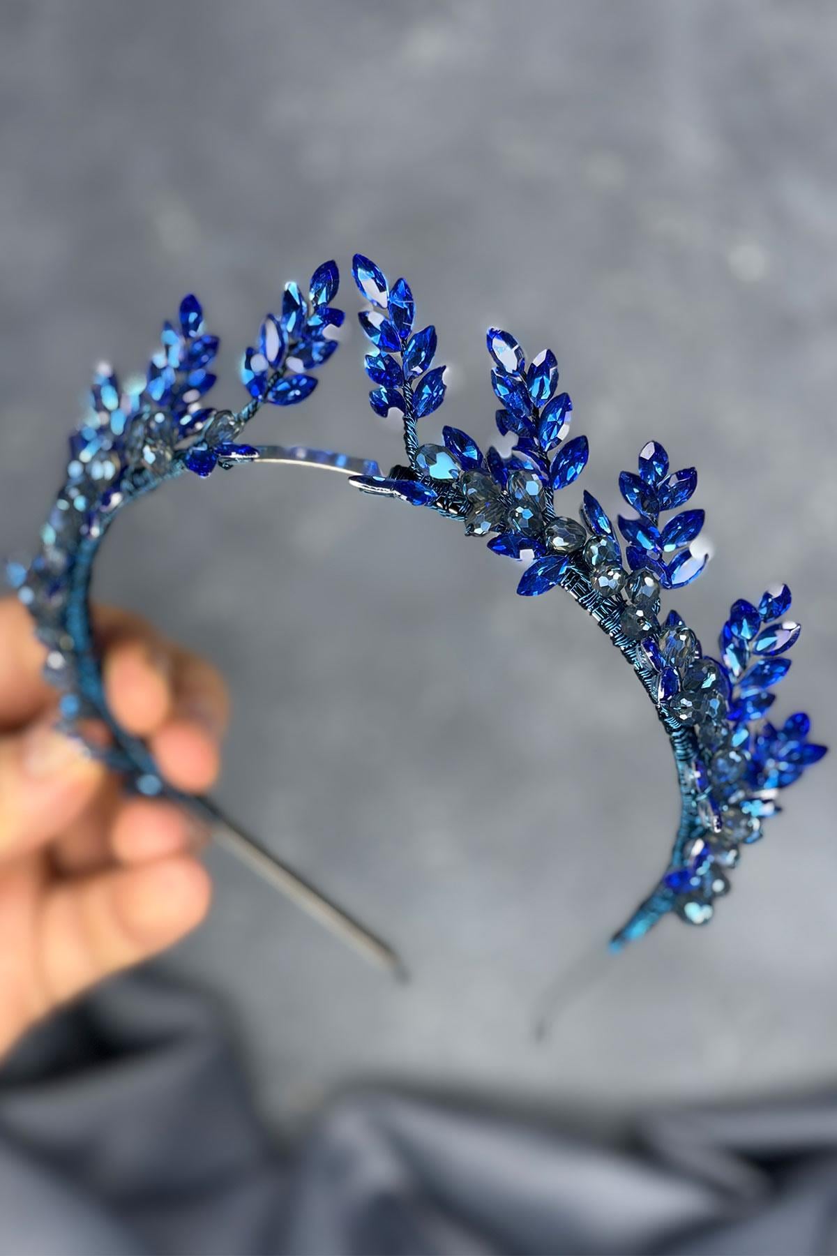 Indigo Blue Venus Leaf Design Bridal Henna Crown Hair Accessory