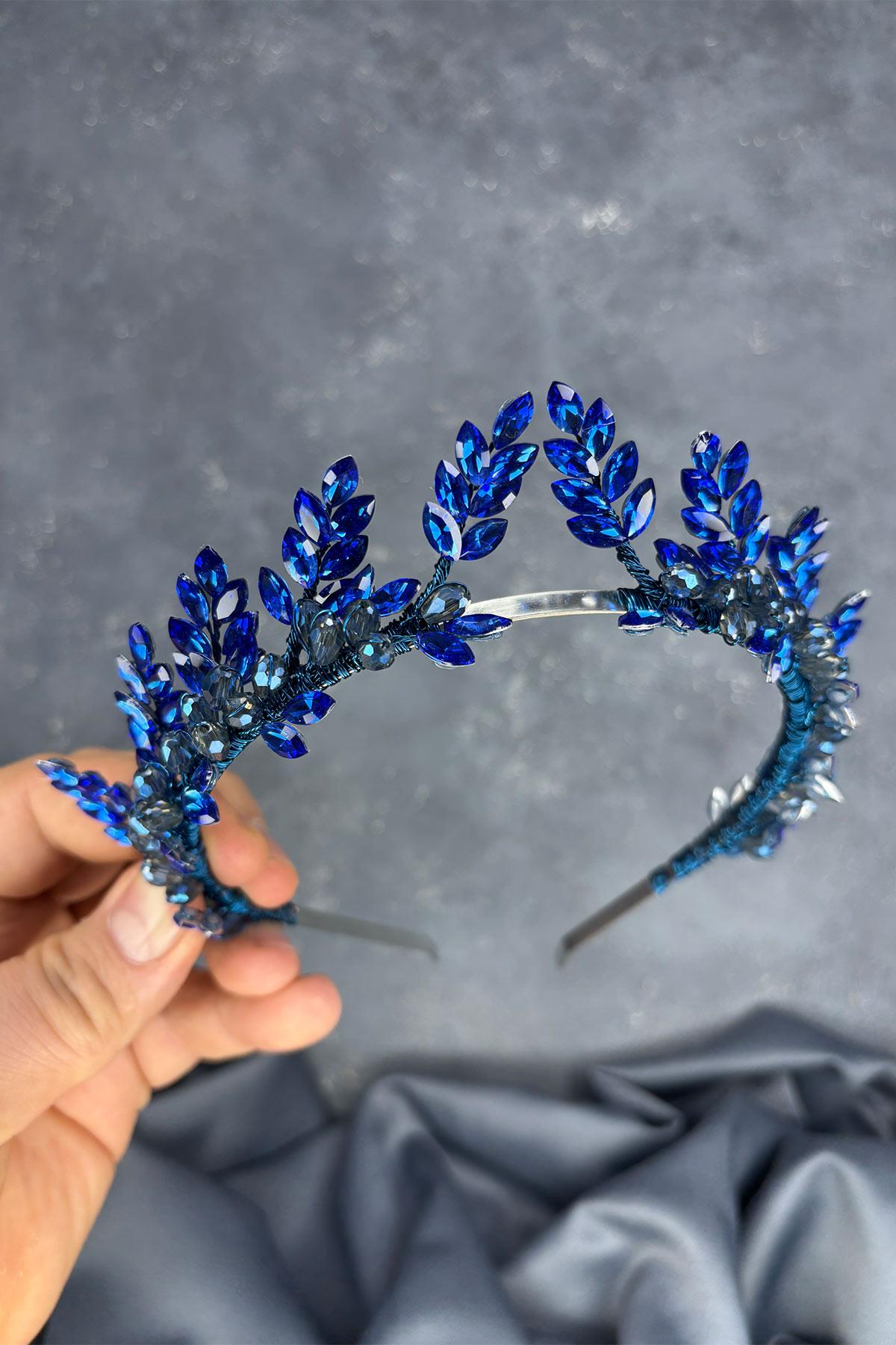 Indigo Blue Venus Leaf Design Bridal Henna Crown Hair Accessory