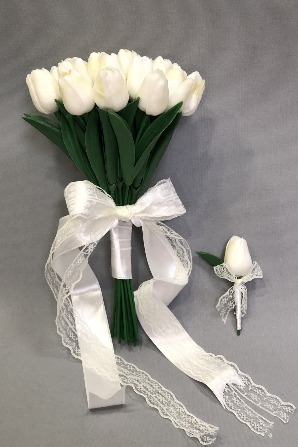 Bridal Bouquet and Boutonniere with Wet White Tulips
