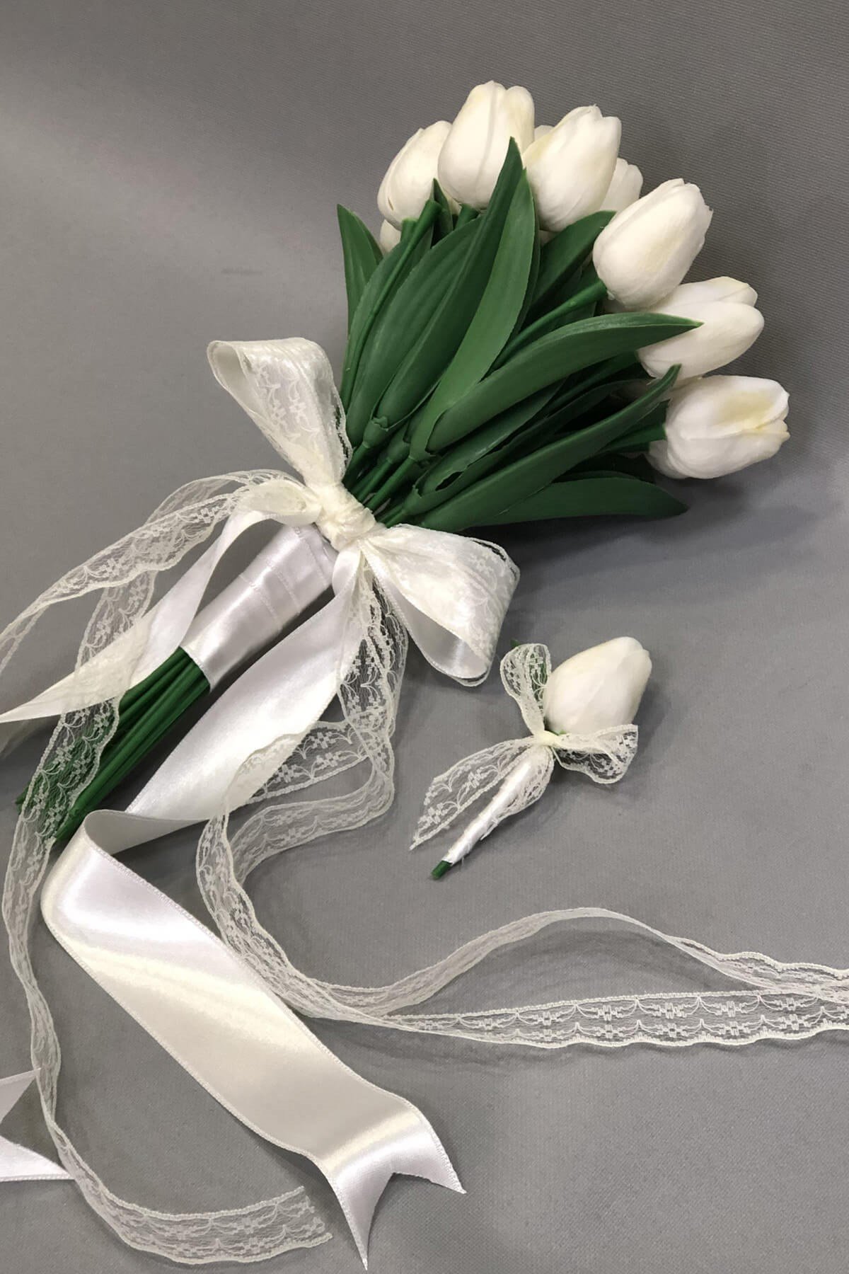 Bridal Bouquet and Boutonniere with Wet White Tulips