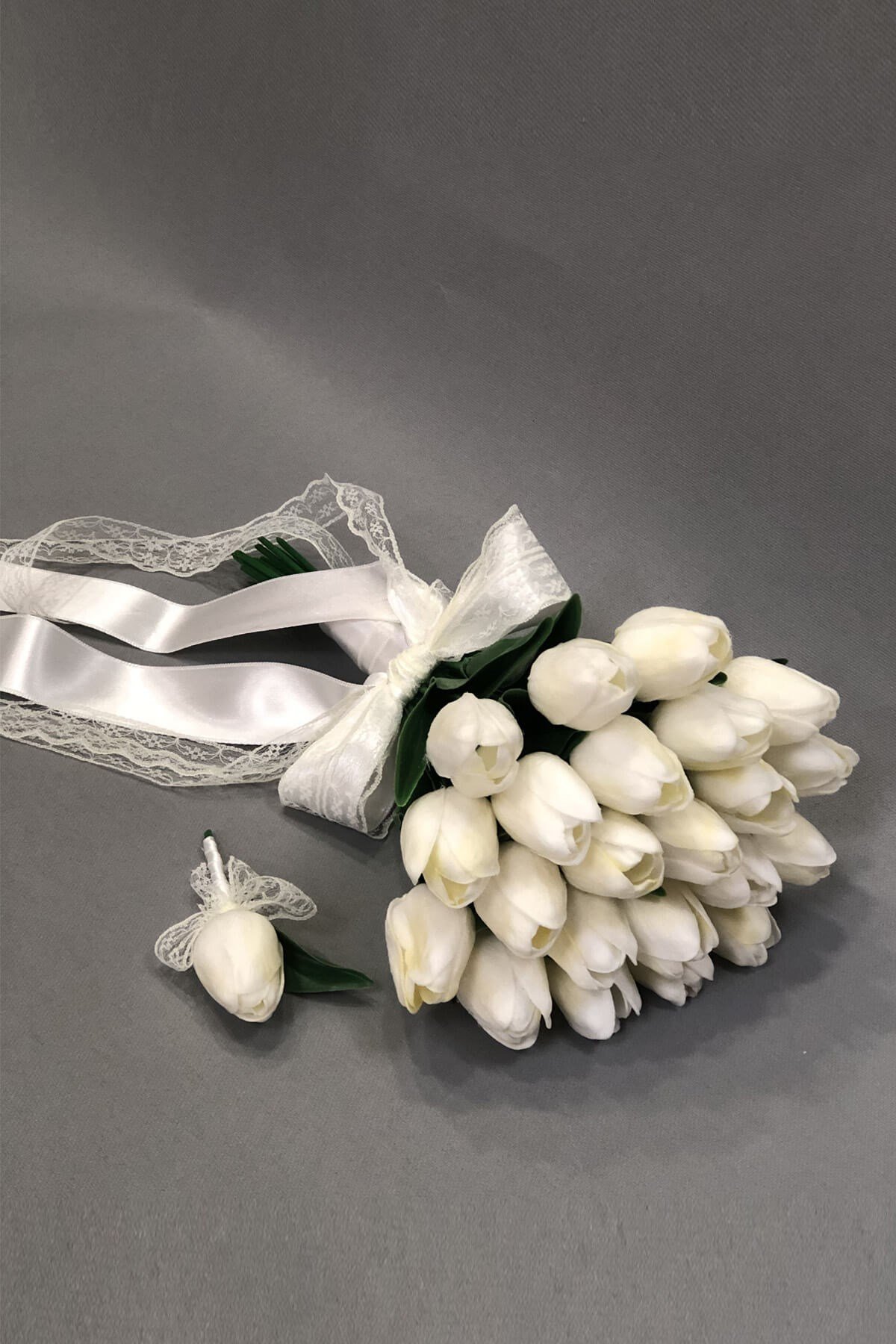 Bridal Bouquet and Boutonniere with Wet White Tulips