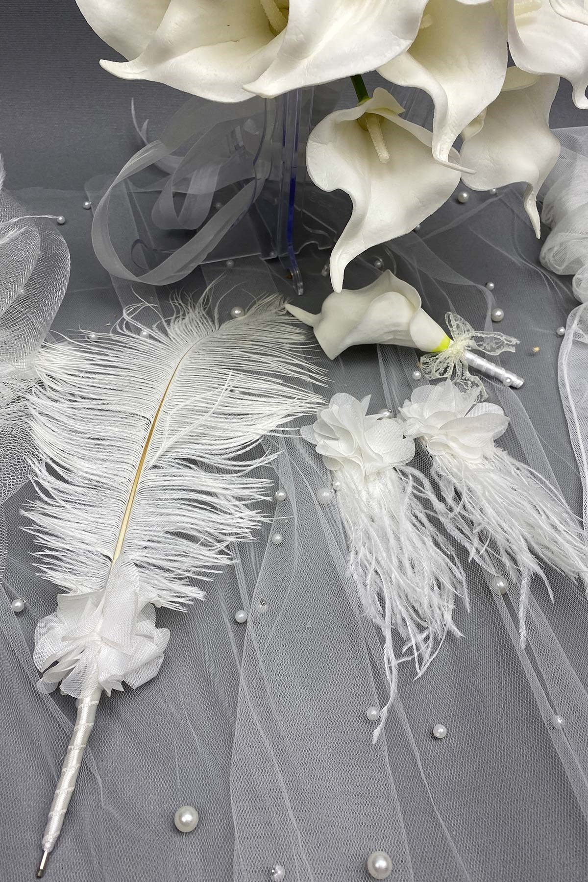 Wet Gala Bridal Wedding Flower, Wedding Hat and Bridal Glove Set