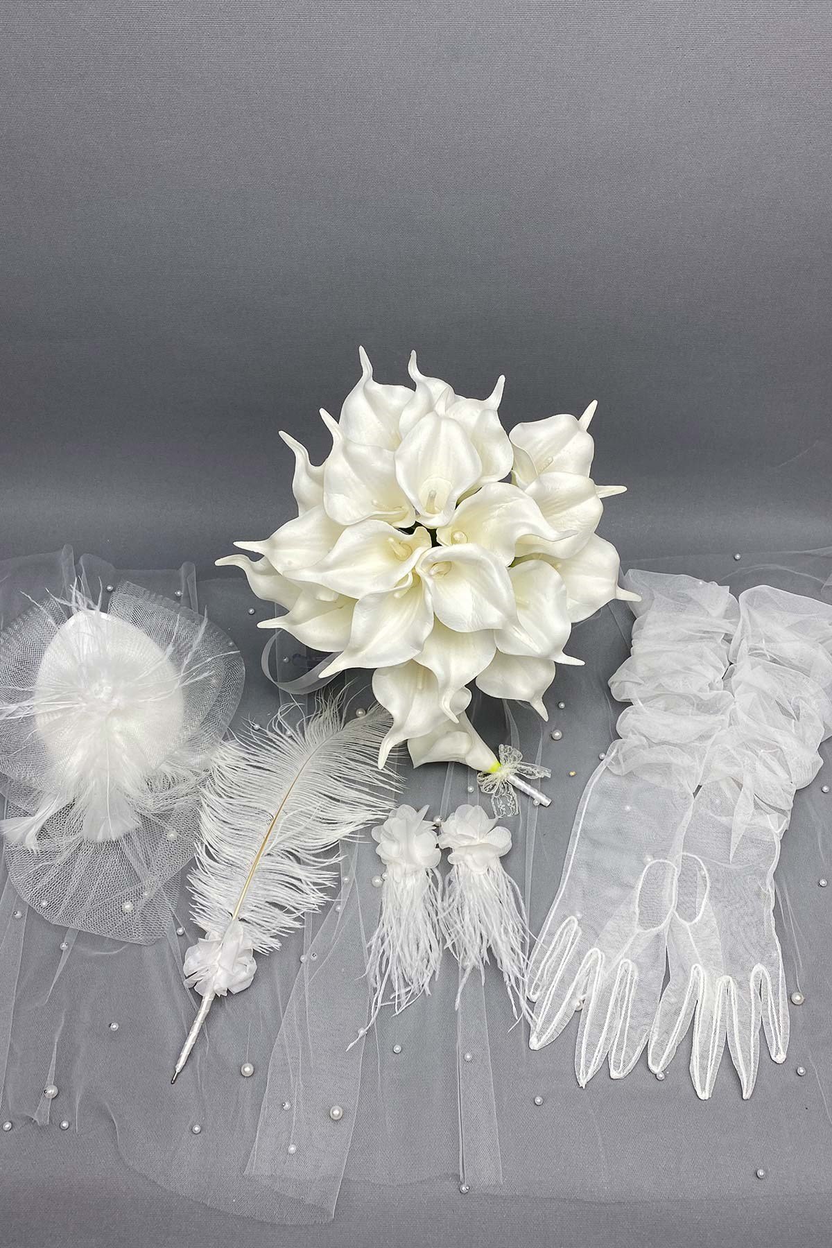 Wet Gala Bridal Wedding Flower, Wedding Hat and Bridal Glove Set