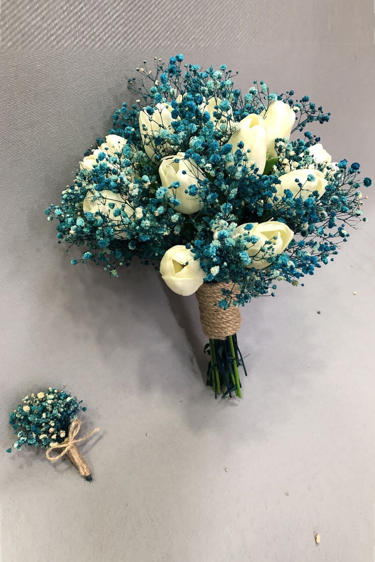 Bridal Bouquet with Wet Tulips and Blue Gypsum