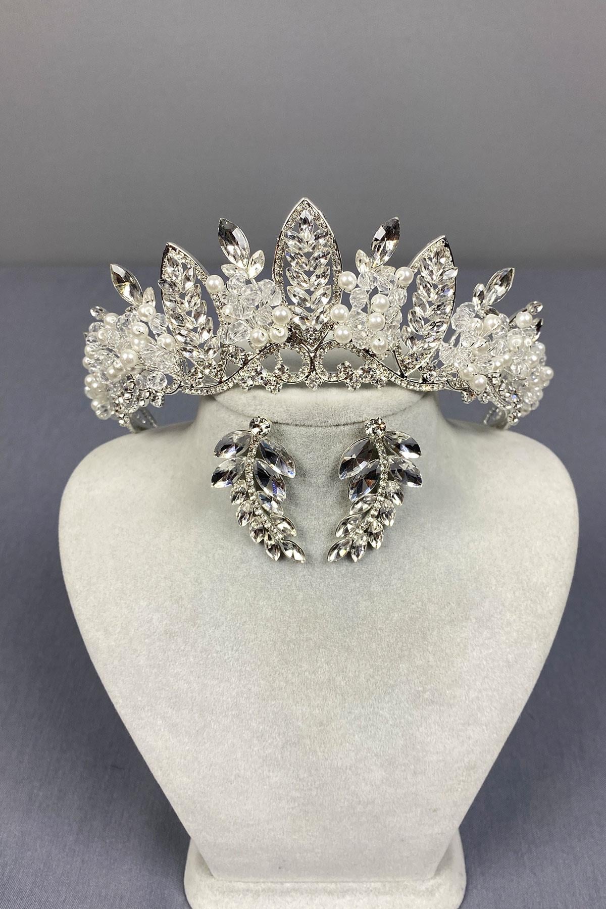 Jabbah Bead Embroidered Bridal Henna Crown and Leaf Earrings