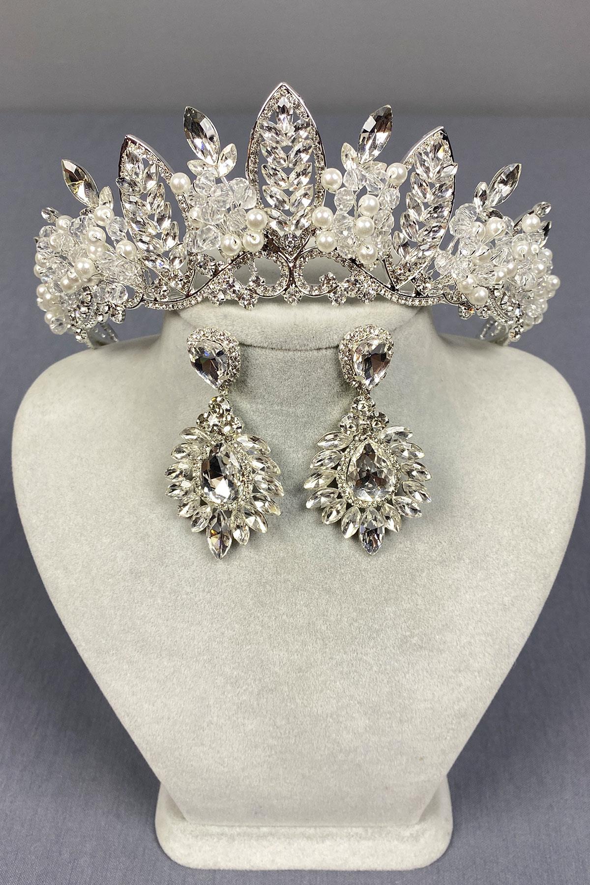 Jabbah Bead Embroidered Bridal Henna Crown and Leaf Earrings