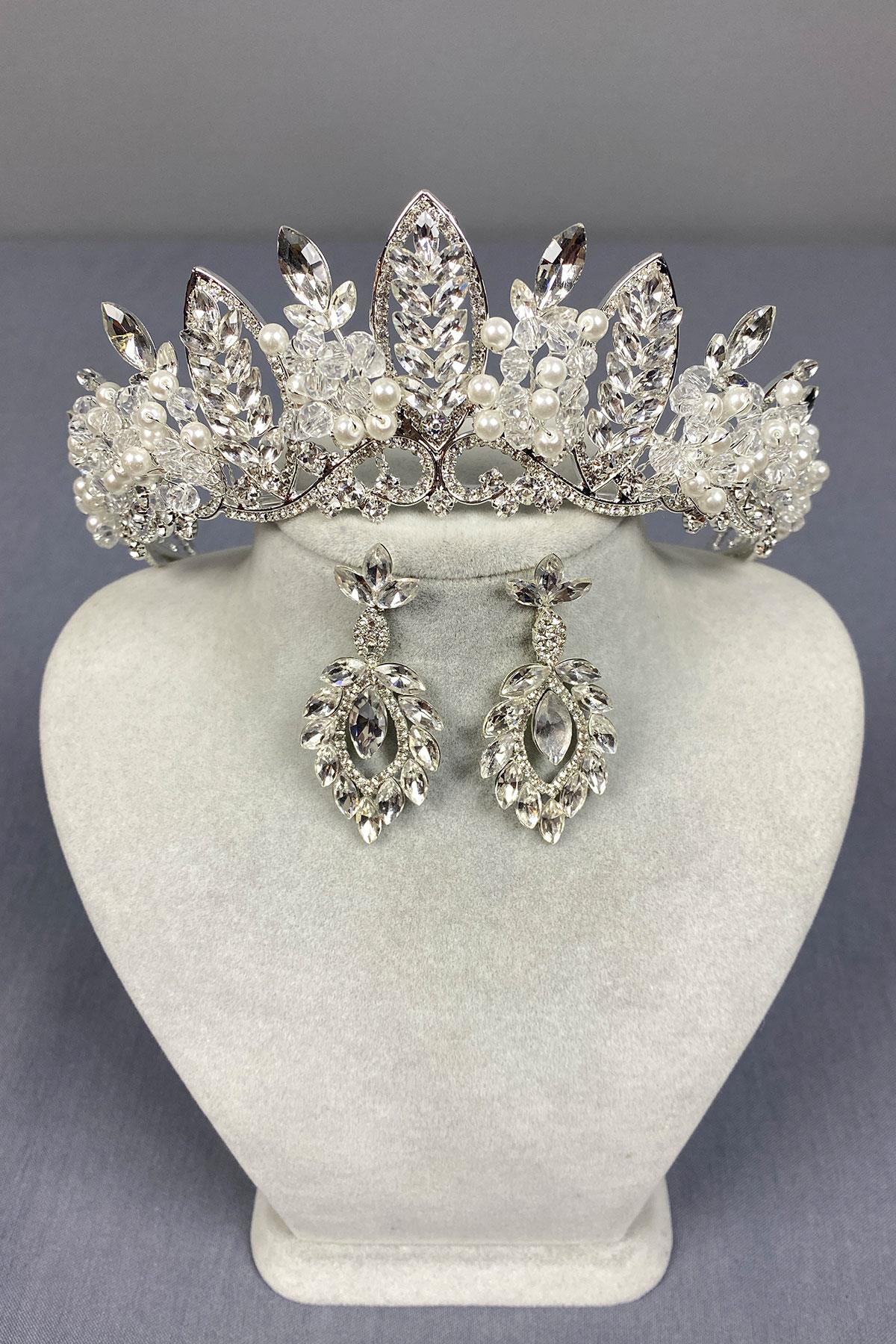 Jabbah Bead Embroidered Bridal Henna Crown and Leaf Earrings