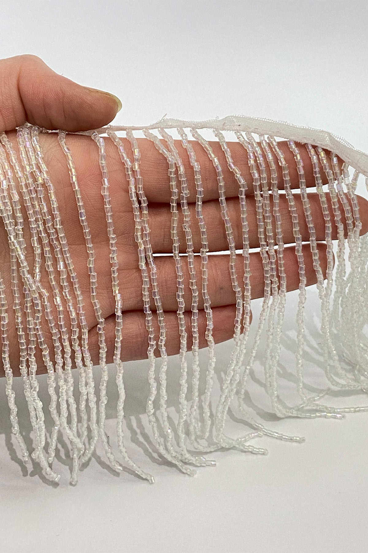 Janjanli White Beaded 15 cm Fringe Tassel