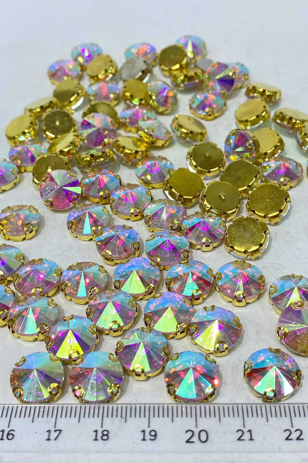 Janjanlı Gold Yuvarlak Kasalı Dikme Cam Taş Kristal Boncuk 10 Adet