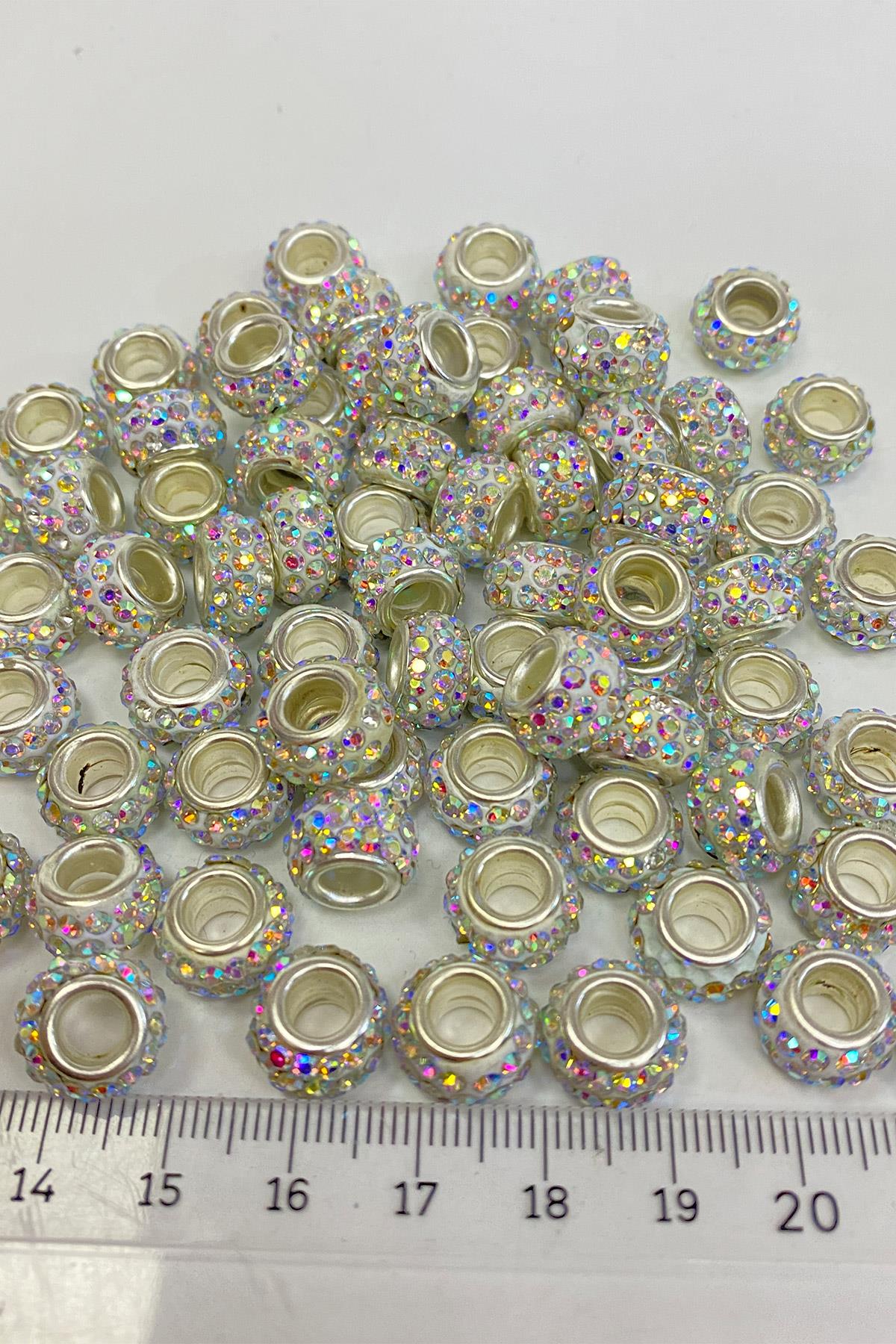 Janjanlı Gümüş Parlak Taşlı İri Delikli Boncuk 12 mm