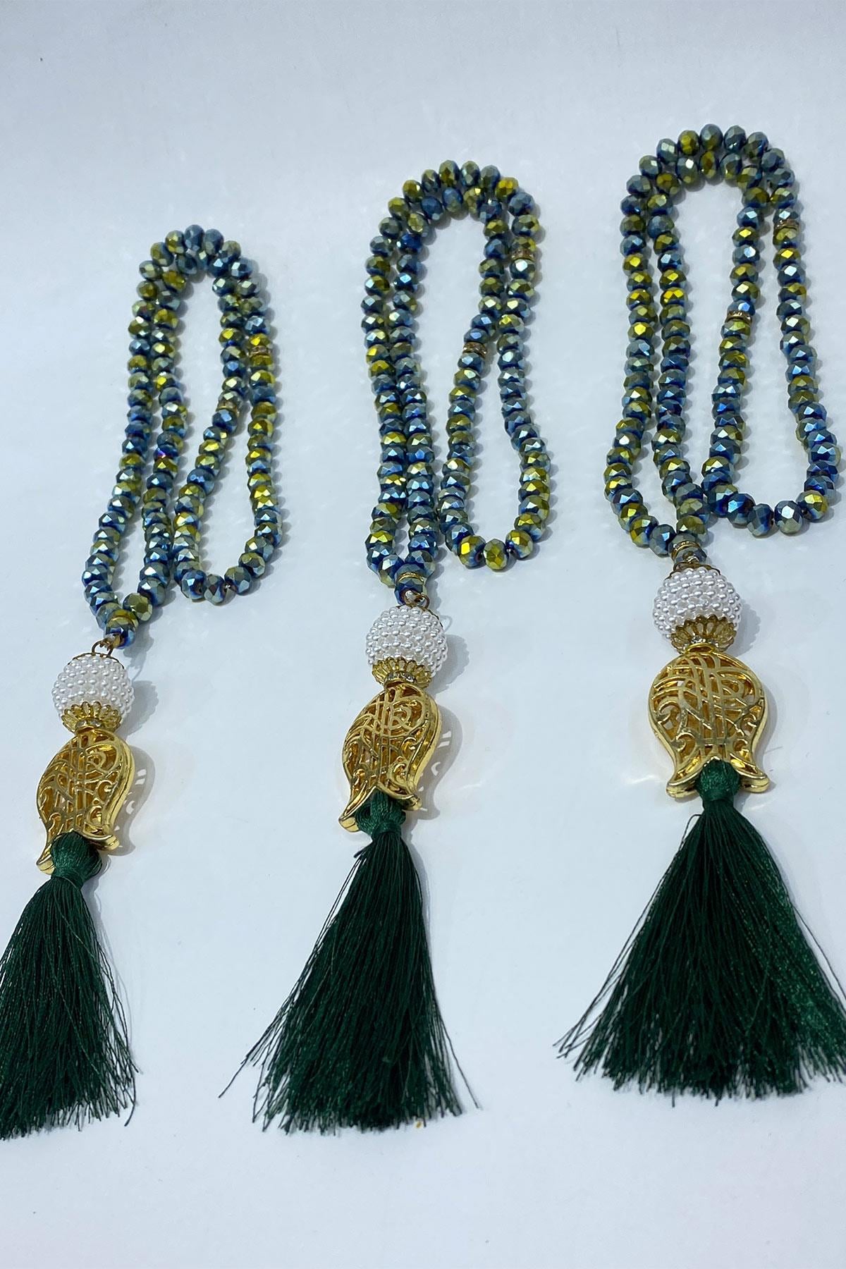 Shiny Green Gift Set with Tulip Design, Tassel, Crystal Beads, 99-Bead Prayer Rosary (for Mawlid, Circumcision, Hajj, and Umrah)