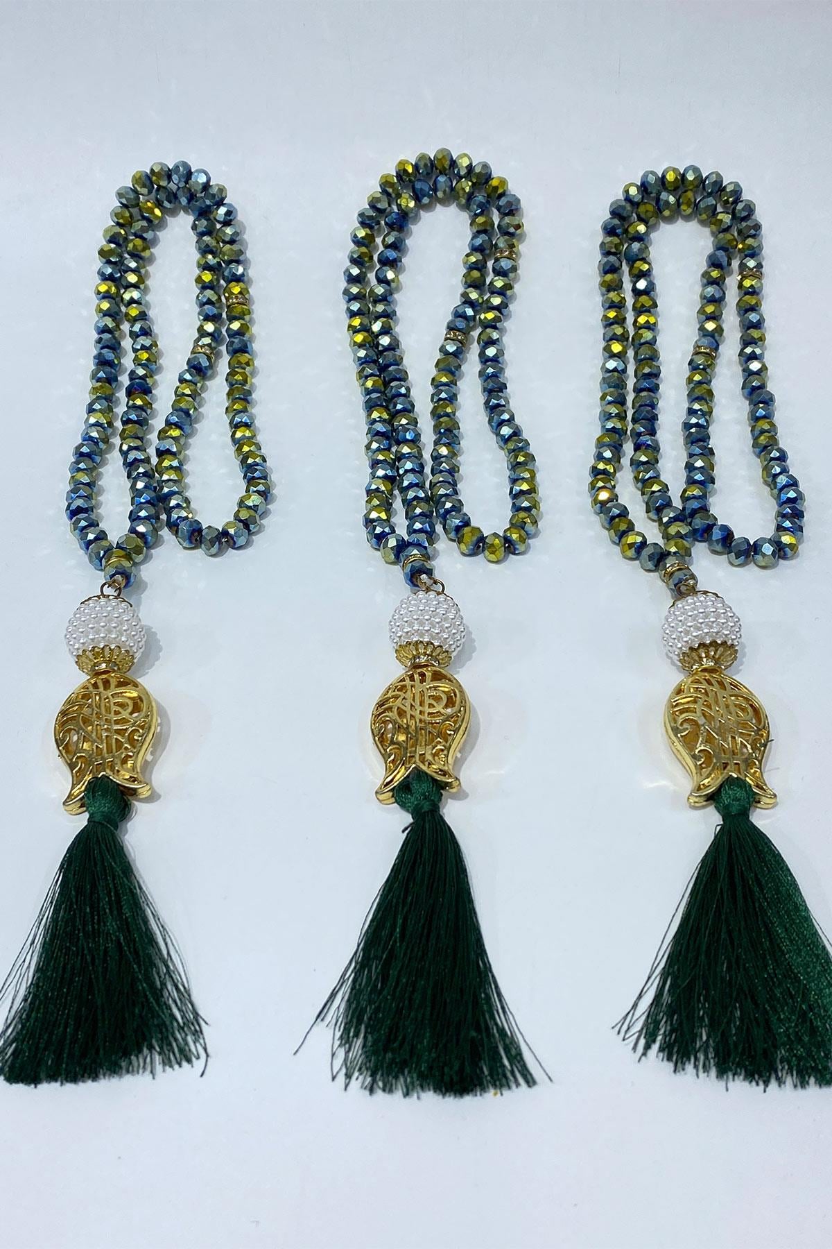 Shiny Green Gift Set with Tulip Design, Tassel, Crystal Beads, 99-Bead Prayer Rosary (for Mawlid, Circumcision, Hajj, and Umrah)