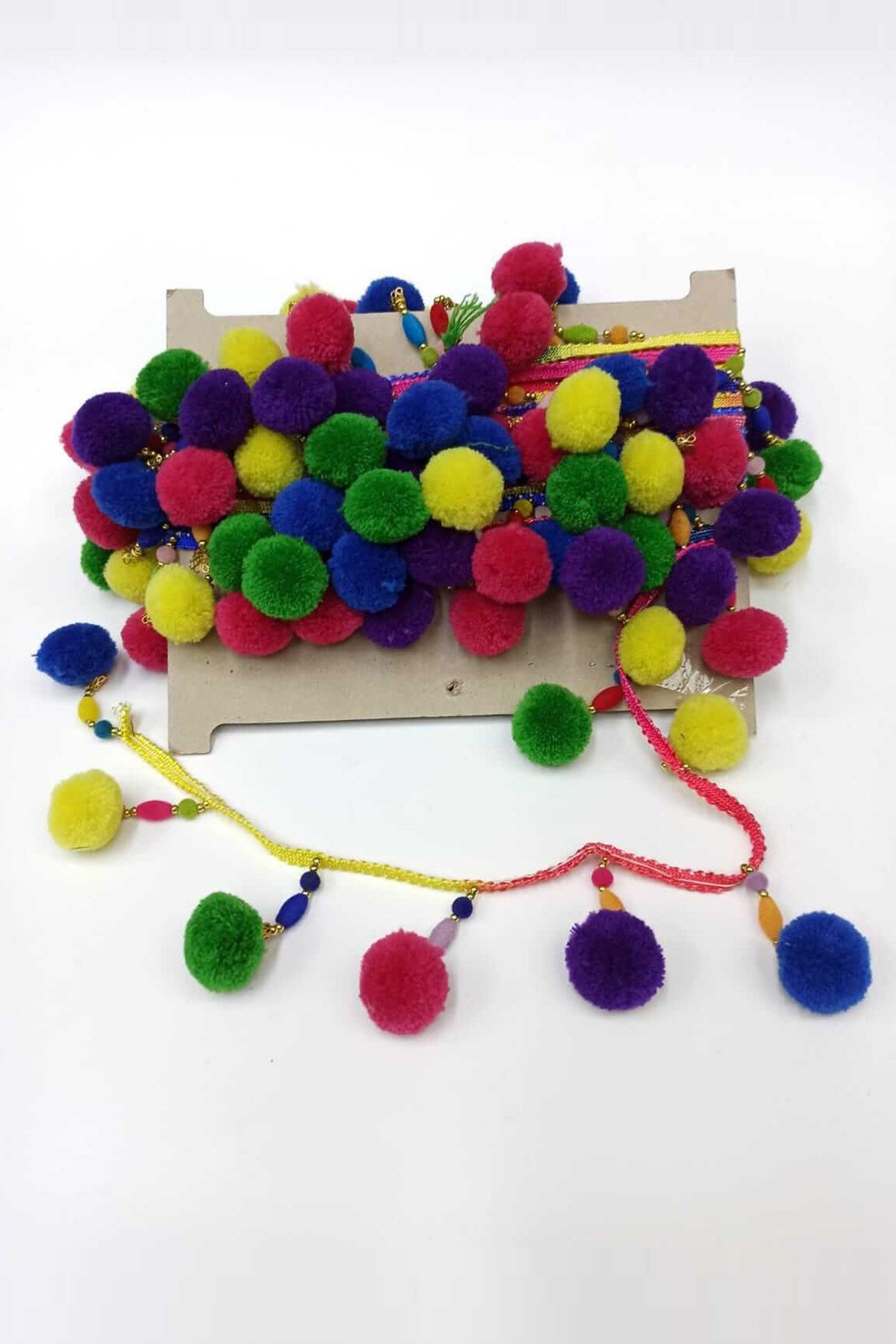 Kadife Boncuk Ponponlu Saçak Şerit