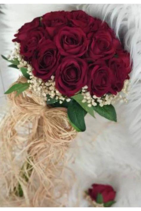 Kadife Bordo Güllü Ve Cipsolu Gelin Çiçeği Ve Damat Yaka Çiçeği Seti.gelin Buketi