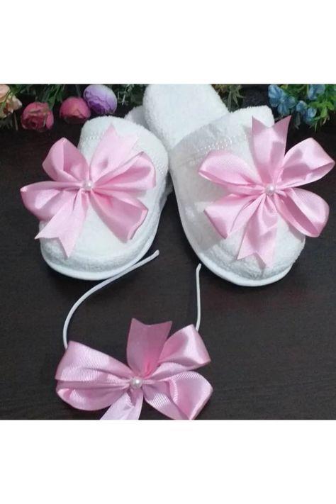 Kadın Pembe Büyük Fiyonklu Lohusa Tacı Ve Lohusa Terliği Set