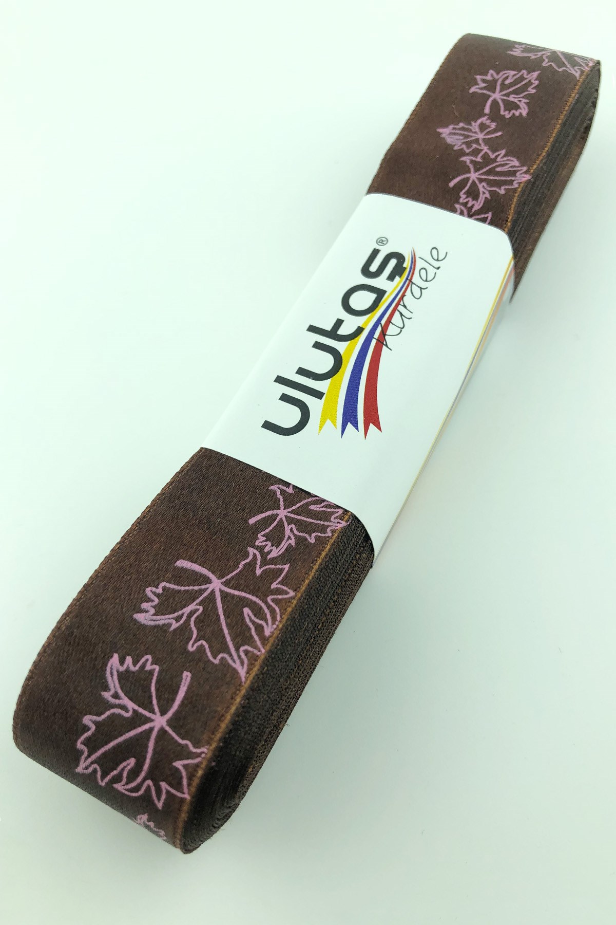 Kahve Pembe Yaprak Baskılı Saten Kurdele 2,5 cm