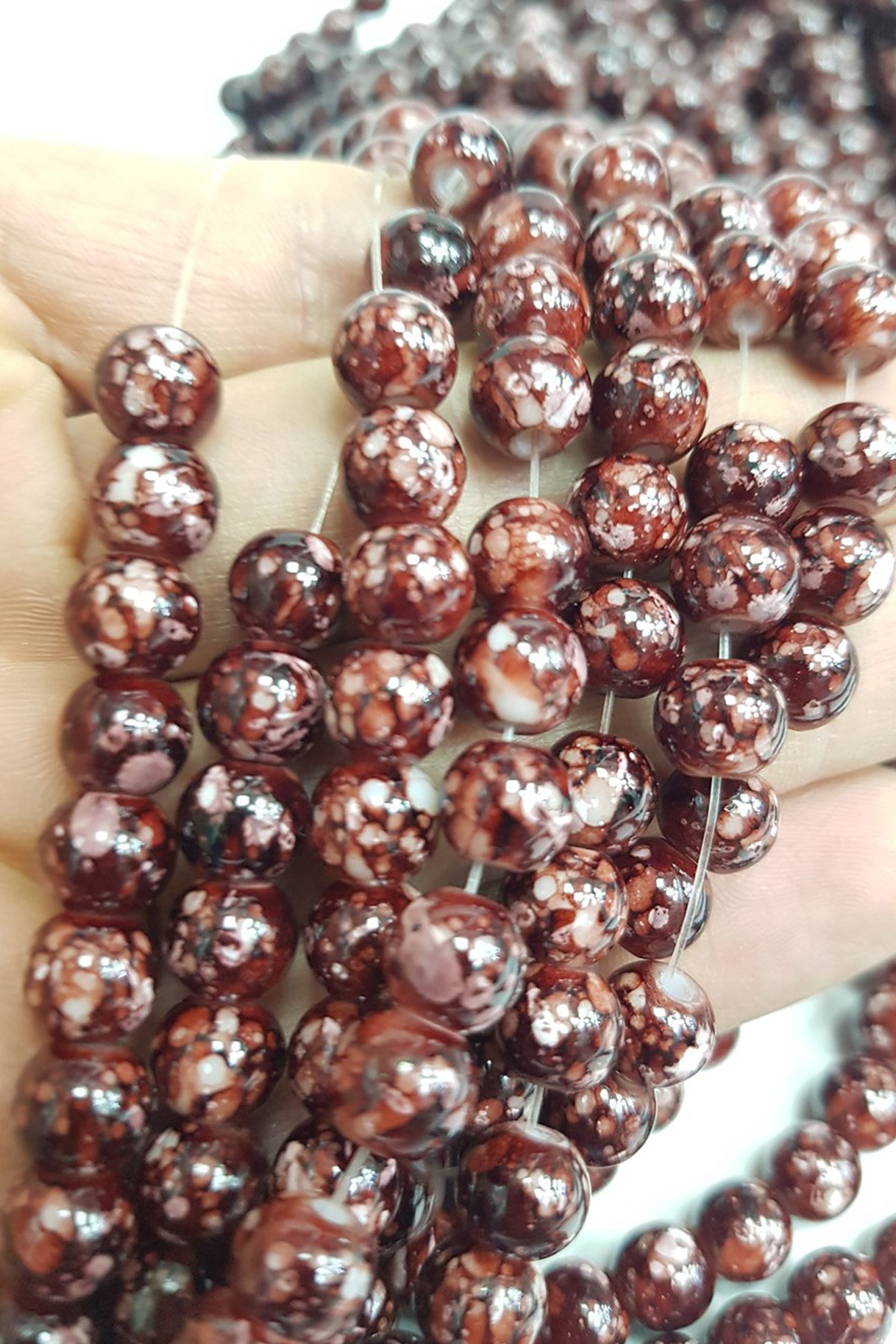 Brown Claret Red Patterned String Glass Beads