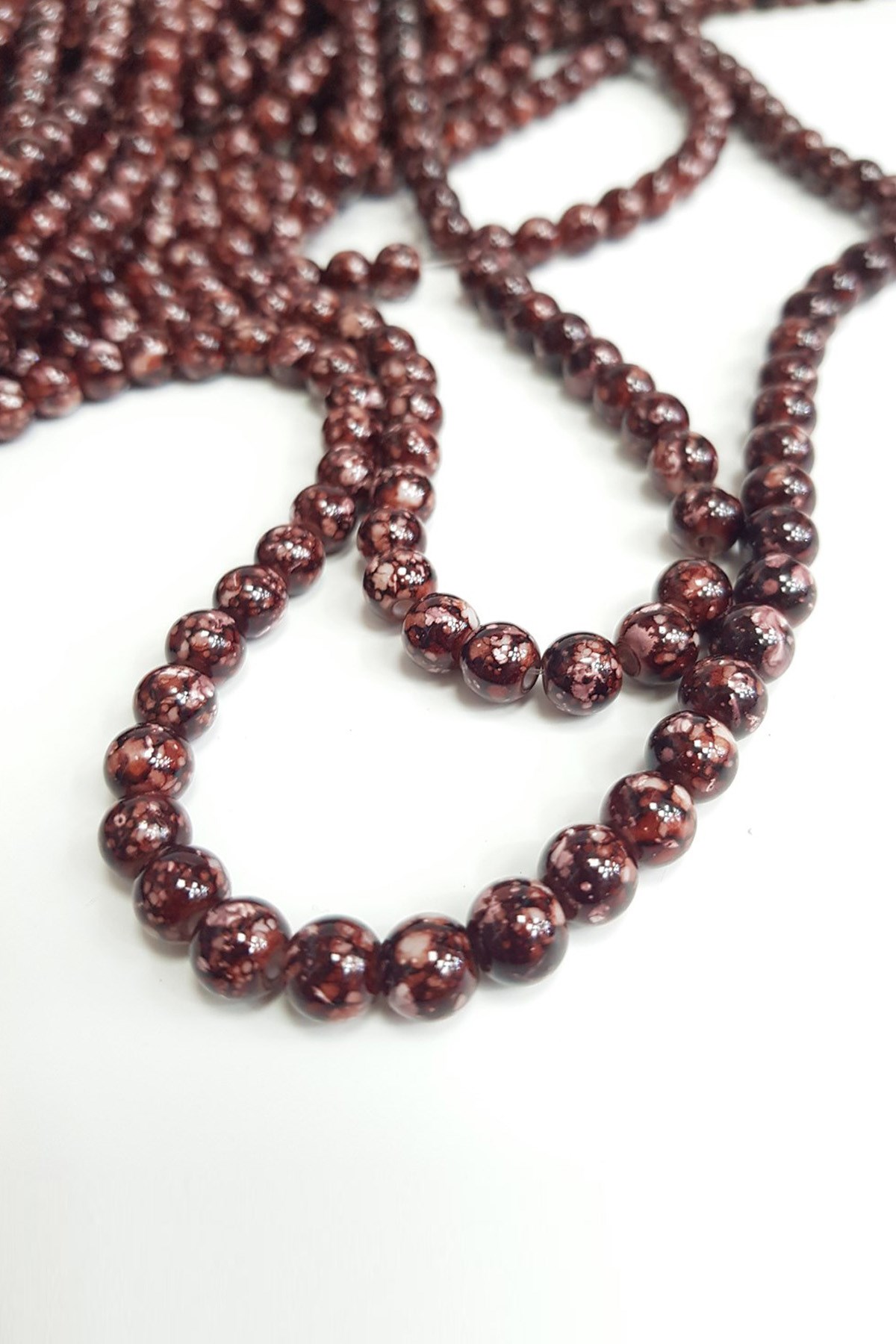 Brown Claret Red Patterned String Glass Beads