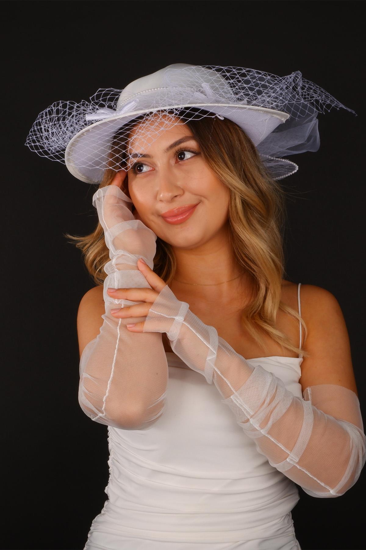 Toptan Kırık Beyaz Vualet Nikah Şapkası Dilda Gelin Aksesuarı Ve Tül Eldiven