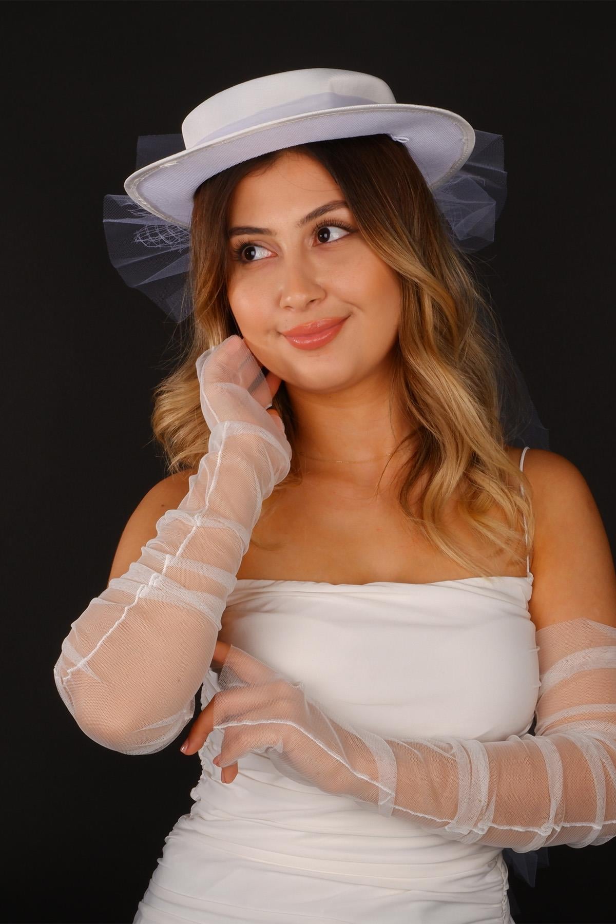 Toptan Kırık Beyaz Vualet Nikah Şapkası İzem İncili Gelin Aksesuarı ve Gelin Eldiveni