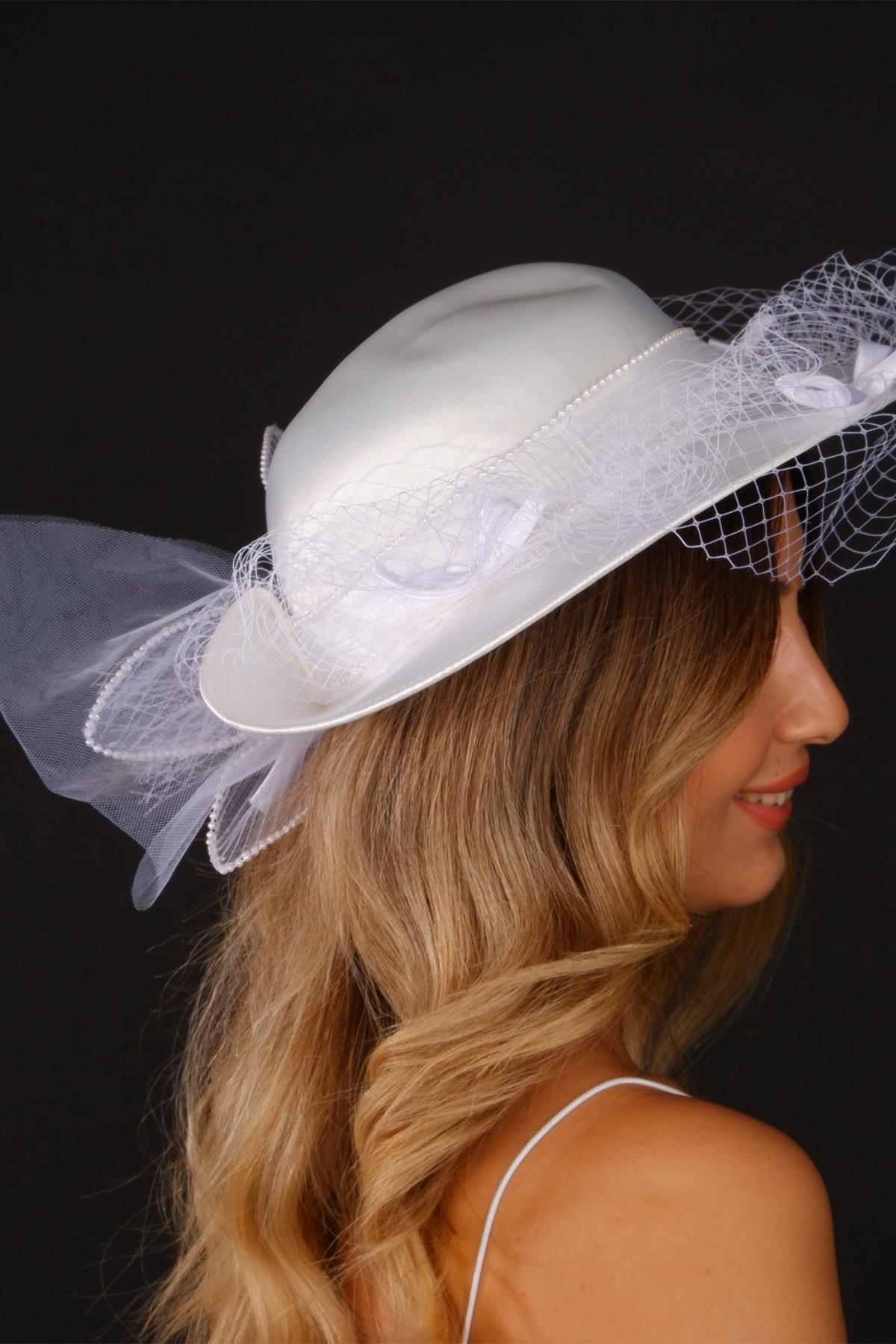 Kırık Beyaz Vualet Nikah Şapkası İzem İncili Gelin Aksesuarı