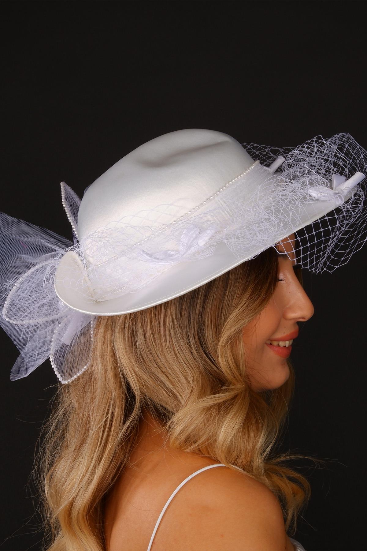 Kırık Beyaz Vualet Nikah Şapkası İzem İncili Gelin Aksesuarı