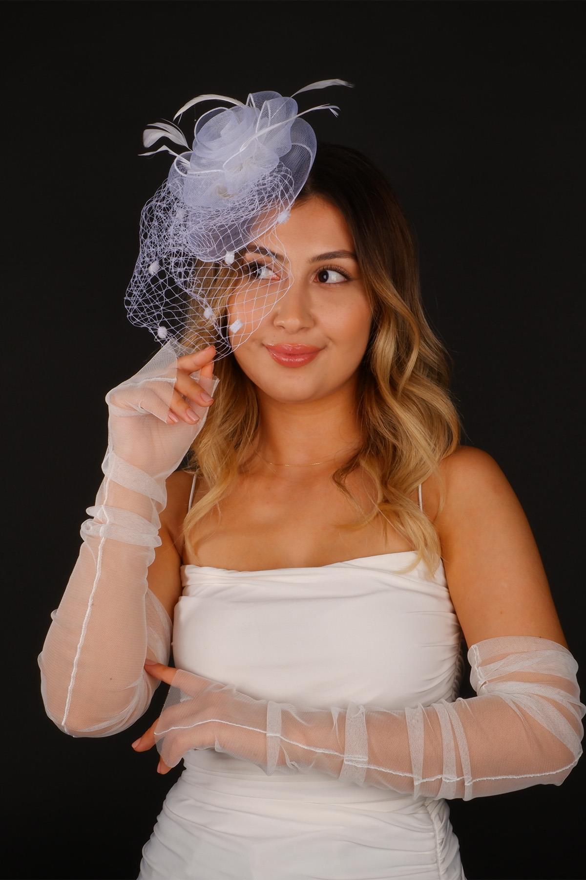 Wholesale Off-White Voilet Wedding Hat Linde Bridal Accessory And Tulle Gloves