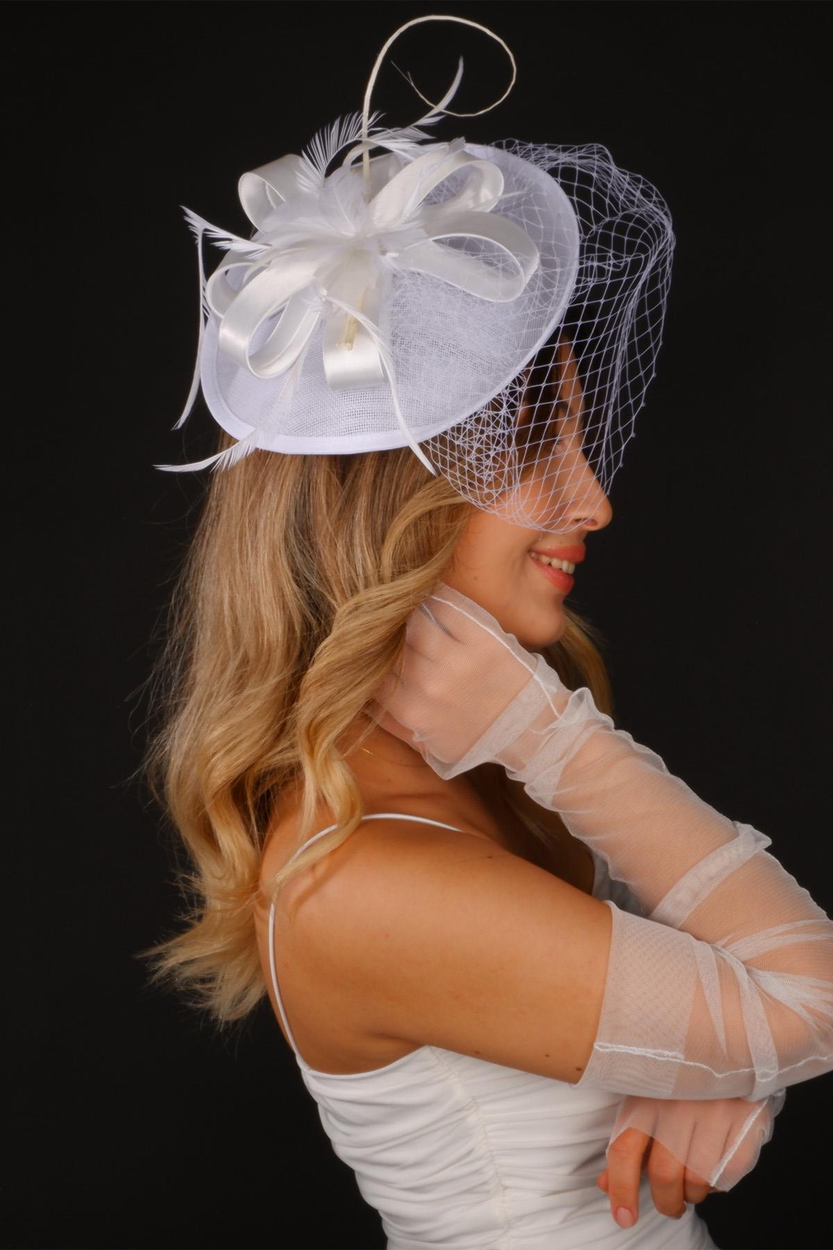 Wholesale Off-White Voilet Wedding Hat with Mila Tulle Bridal Accessory and Gloves