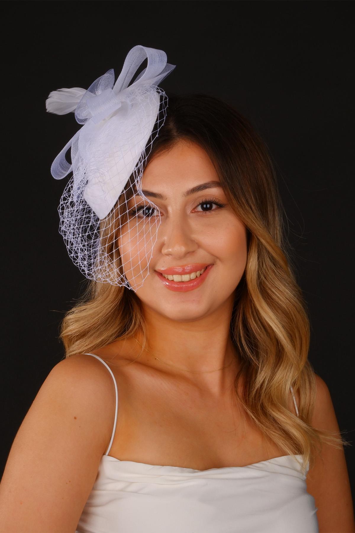 Toptan Kırık Beyaz Vualet Nikah Şapkası Milano Tüllü Gelin Aksesuarı