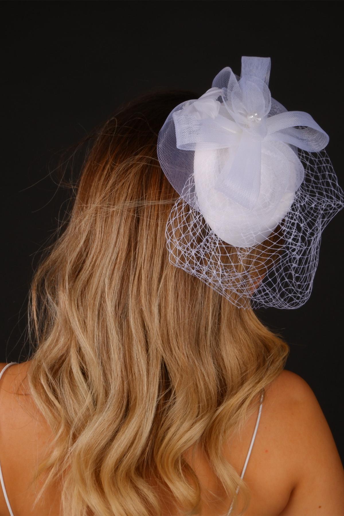 Toptan Kırık Beyaz Vualet Nikah Şapkası Milano Tüllü Gelin Aksesuarı