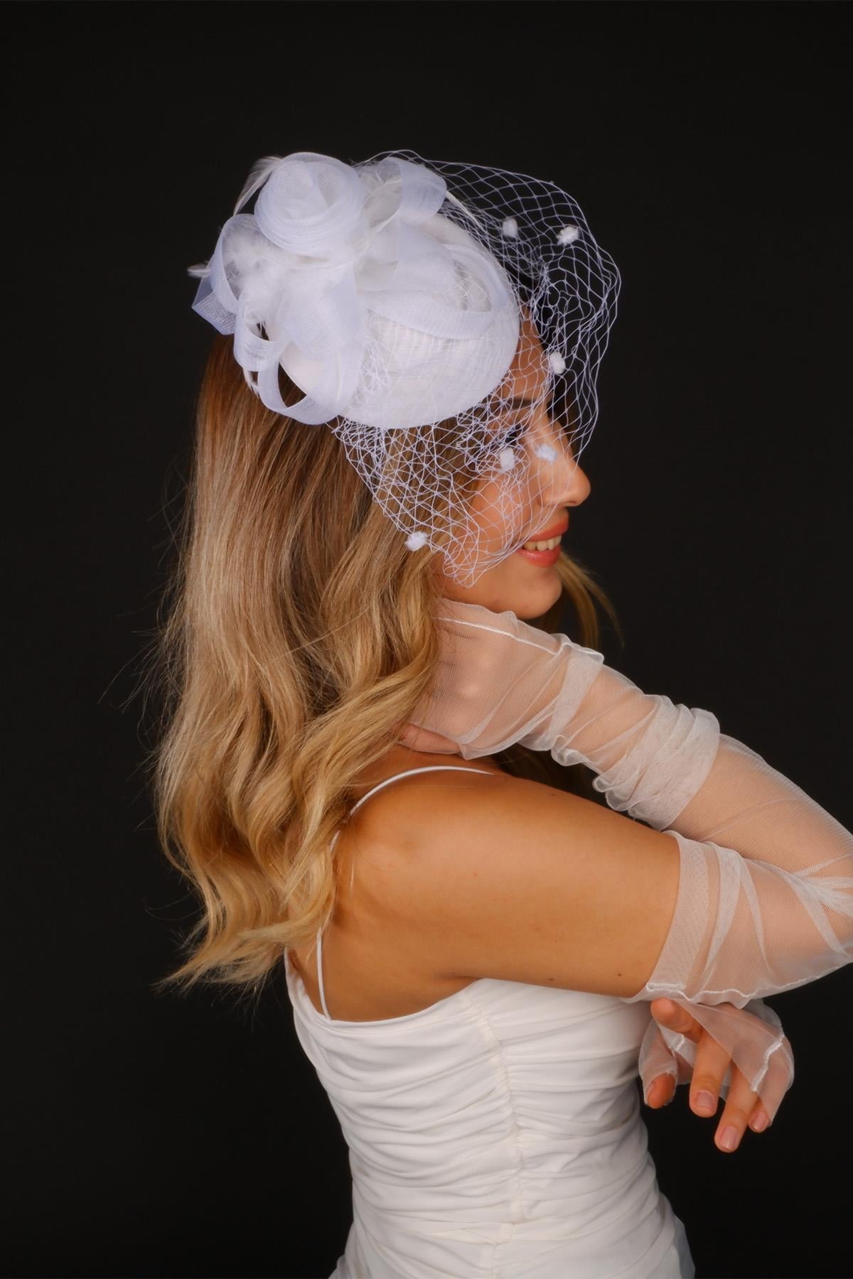 Wholesale Off-White Voilet Wedding Hat, Milano Tulle Bridal Accessory and Gloves
