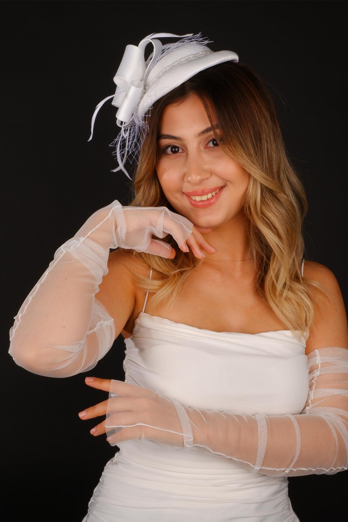 Kırık Beyaz Vualet Nikah Şapkası Miss Dantelli Tüllü Gelin Aksesuarı Ve Eldiveni