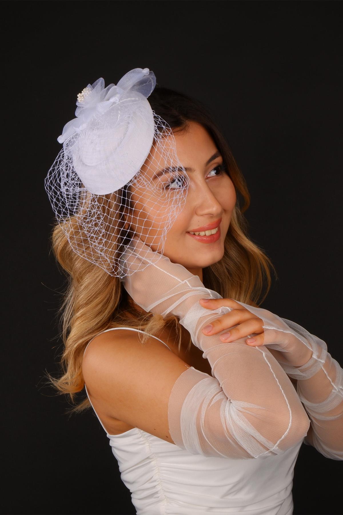 Kırık Beyaz Vualet Nikah Şapkası Saye İncili Gelin Aksesuarı Ve Tül Eldiven