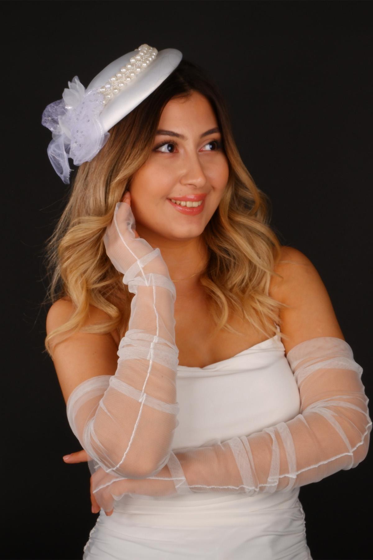 Wholesale Off-White Voilet Wedding Hat, Selina Bridal Accessory and Bridal Gloves