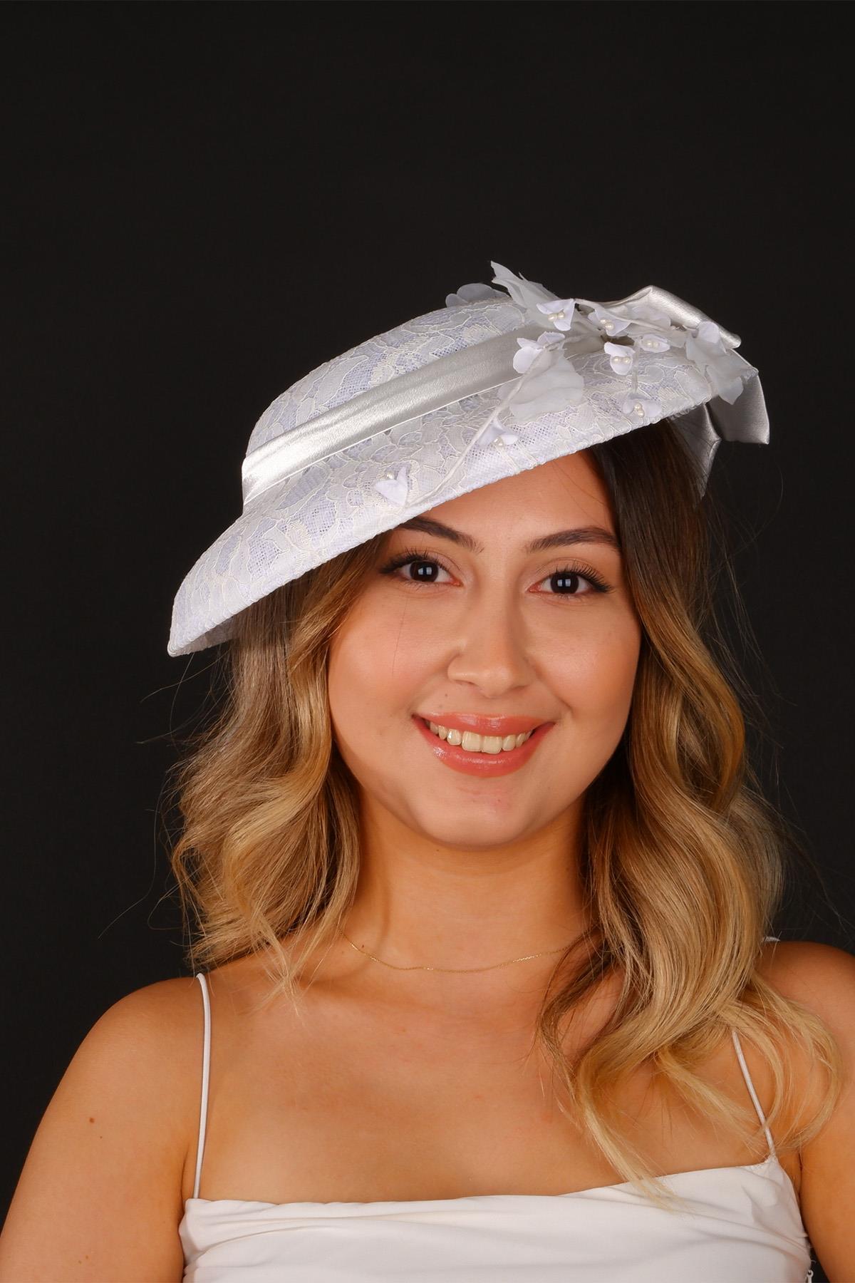 Toptan Kırık Beyaz Vualet Nikah Şapkası Vera Dantel Çiçekli Gelin Aksesuarı