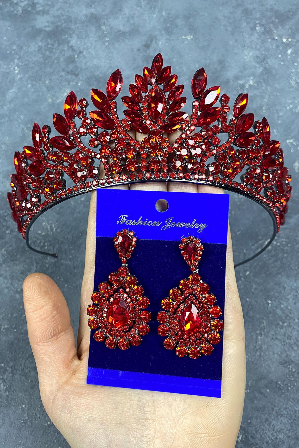 Red Danver Stone Bridal Henna Tiara and Stud Earrings Set