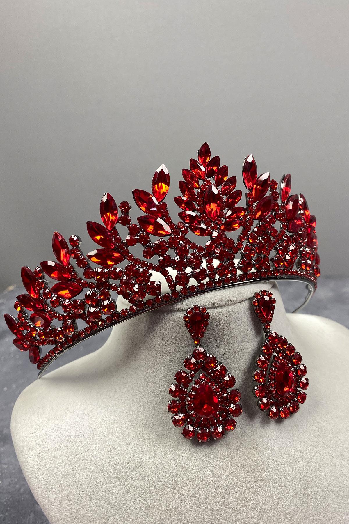 Red Danver Stone Bridal Henna Tiara and Stud Earrings Set