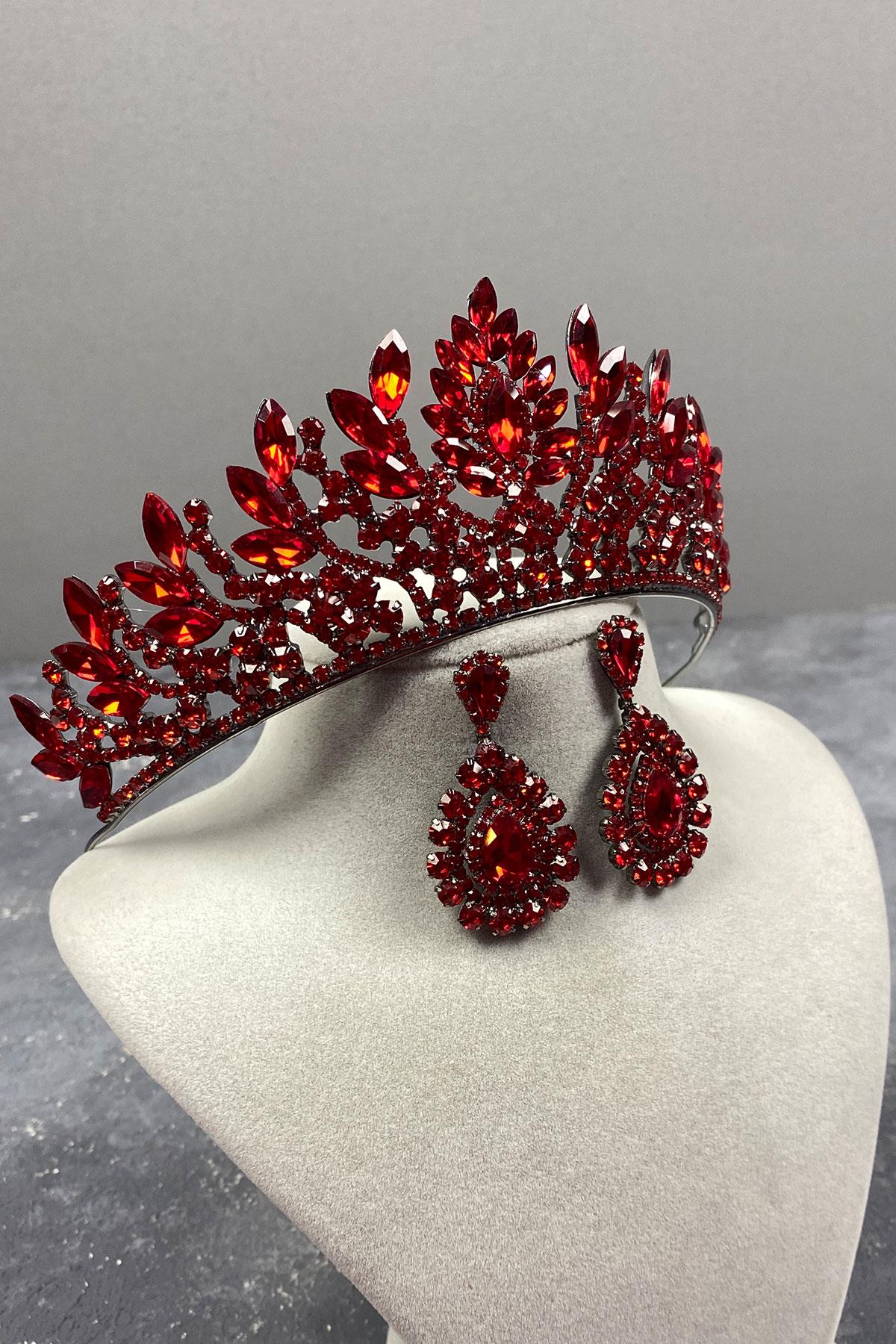 Red Danver Stone Bridal Henna Tiara and Stud Earrings Set