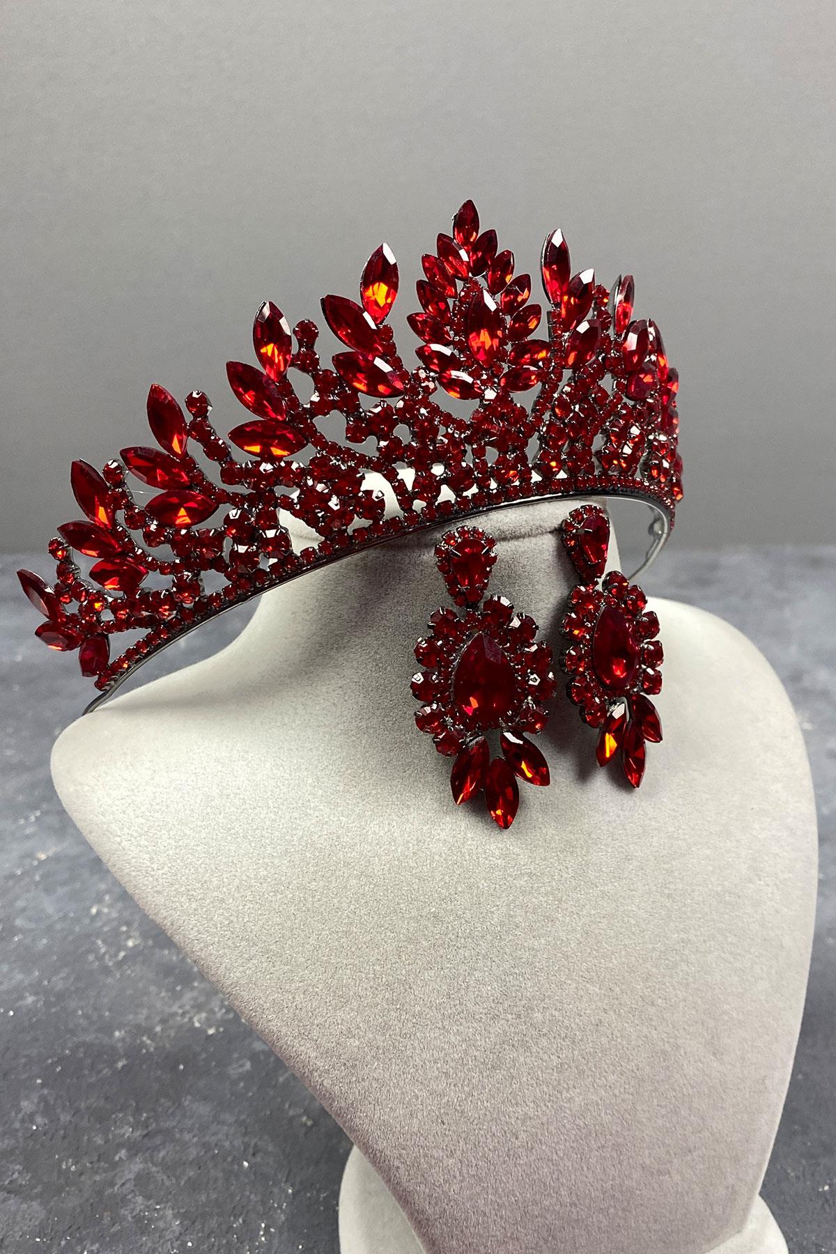 Red Danver Stone Bridal Henna Tiara and Evening Dress Earrings Set