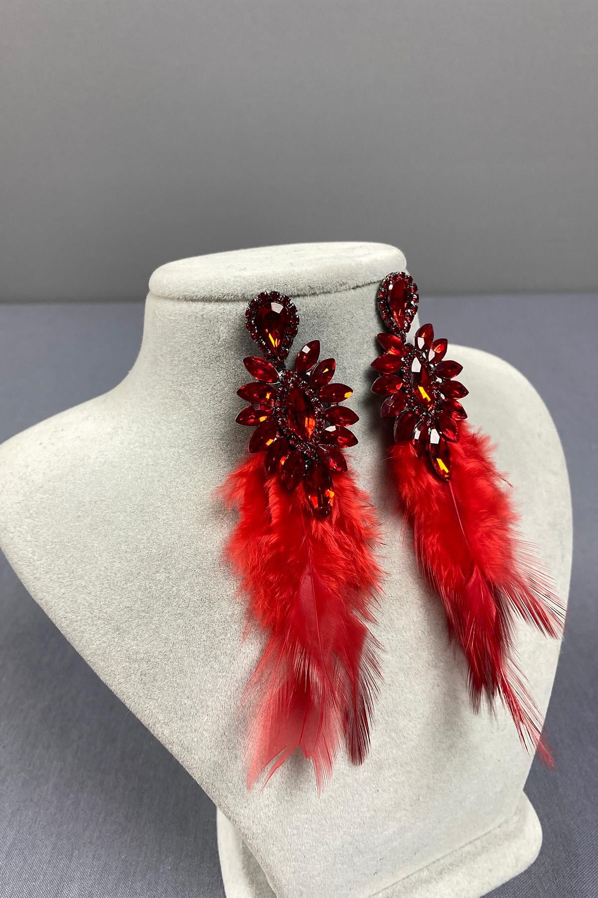 Red Most Stylish Feathered Special Invitation Prom Wedding Evening Dress Earrings