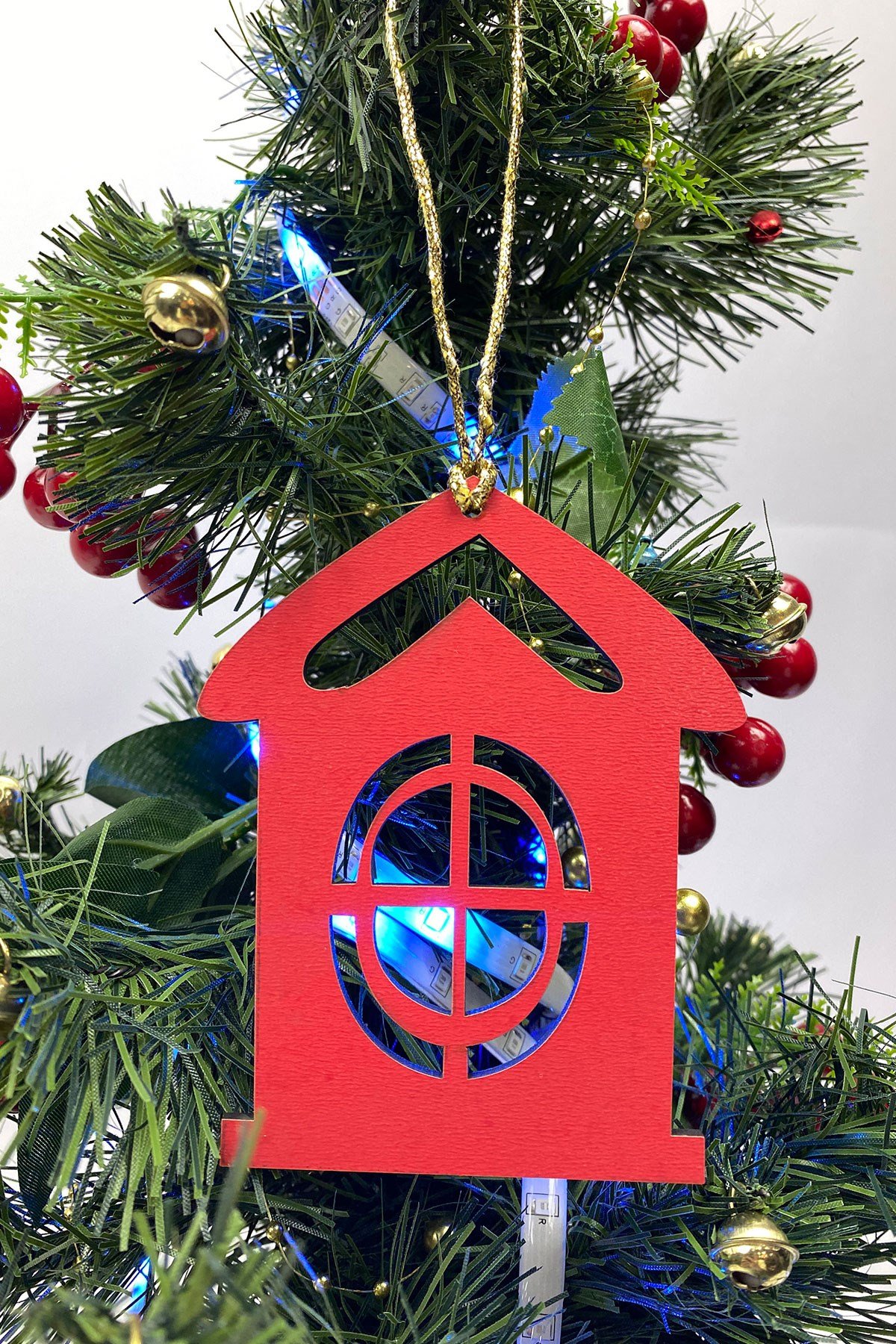 Kırmızı Ev Baskılı Yılbaşı Ağaç Süsü 