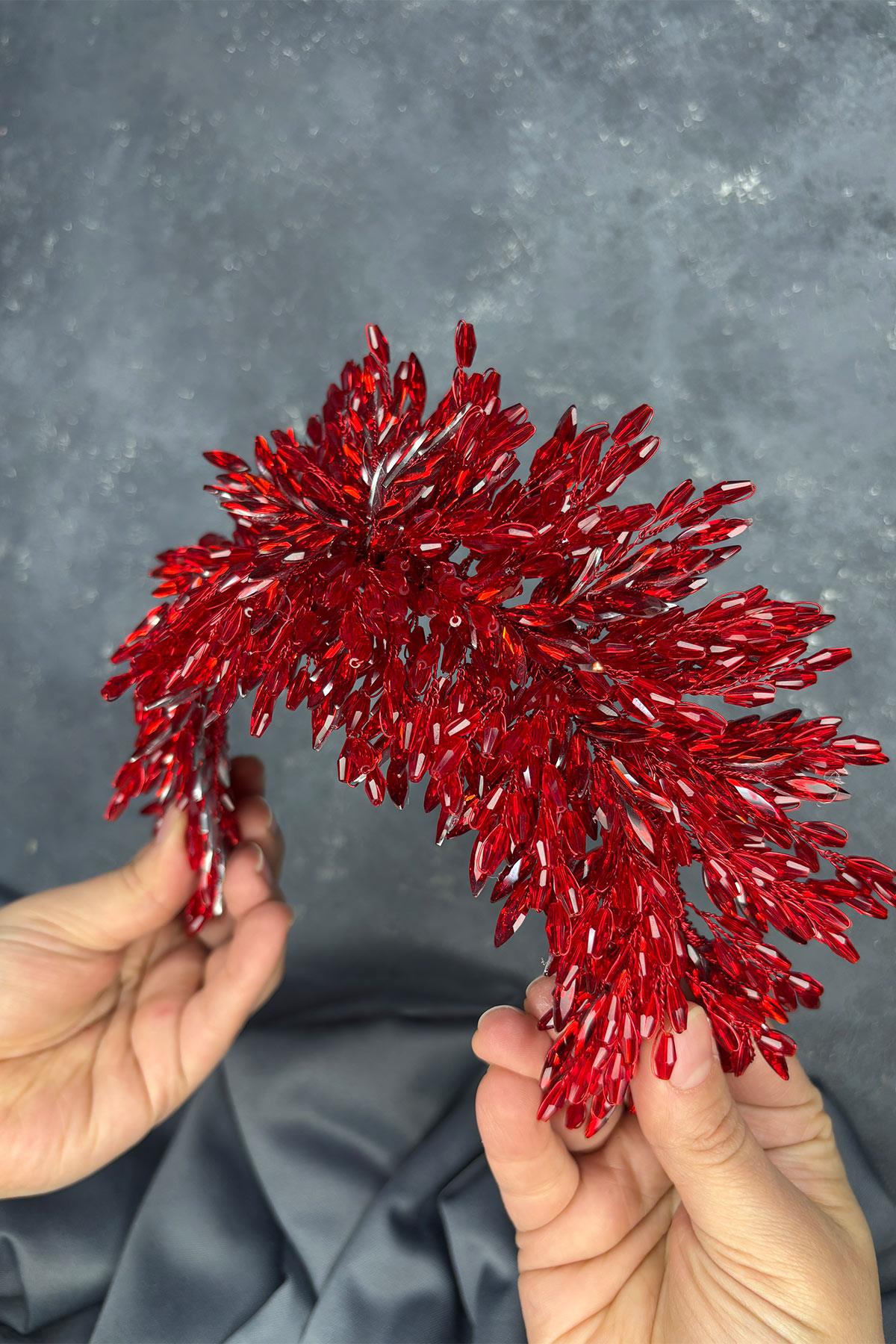 Red Eva Bridal Henna Tiara with Intense Beadwork