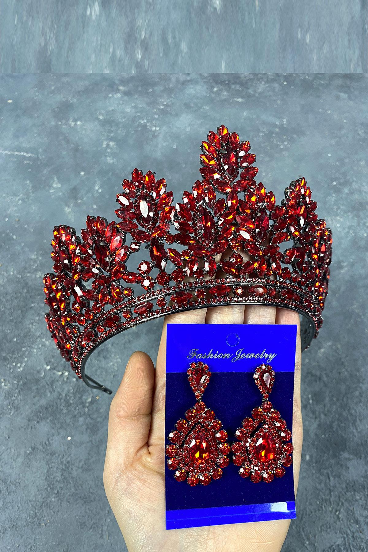 Red Godiva High Bridal Henna Crown And Drop Stone Earrings